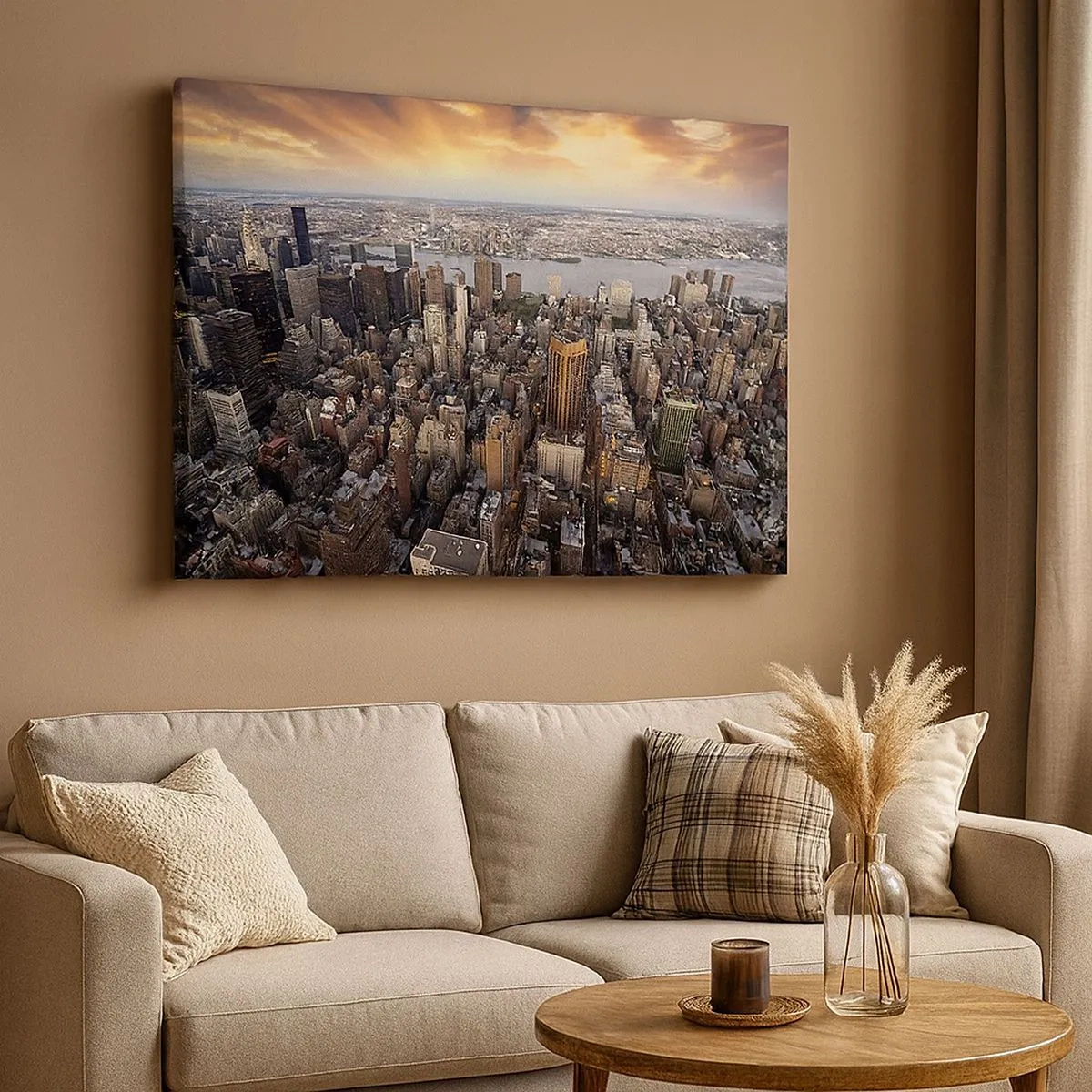 Quadro em tela - Vista da metrópole com o pôr do sol - 70x50cm - O coração pulsante do nosso tempo - Decoração de parede moderna para a sala de estar e quarto ARTTOR