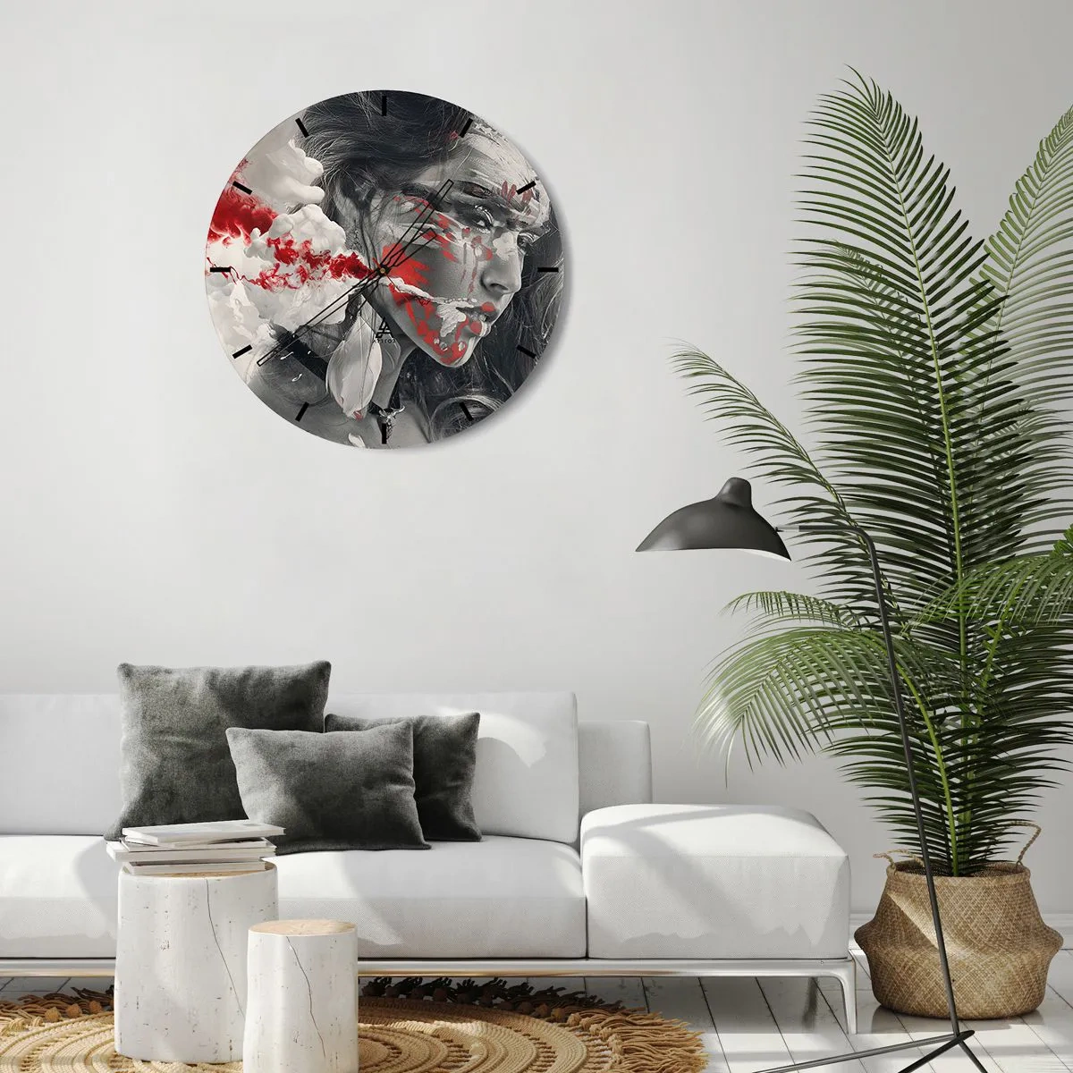 Relógio de parede - Relógio em vidro - Rosto de mulher com detalhes abstratos em vermelho e branco - 30x30cm - Nos fumos do absurdo - Decoração de parede moderna para a sala de estar, cozinha e quarto ARTTOR