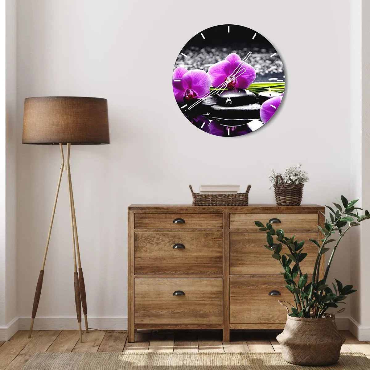Relógio de parede - Relógio em vidro - Orquídeas roxas com pedras e uma vela na água - 30x30cm - Afogar-se na paz e sossego - Decoração de parede moderna para a sala de estar, cozinha e quarto ARTTOR