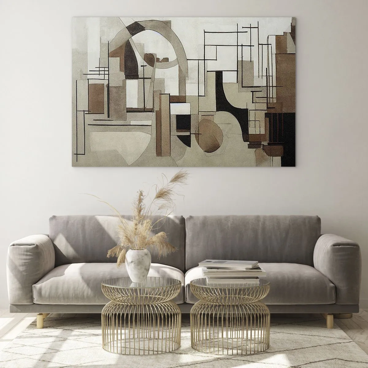 Quadro em vidro - Paisagem geométrica em tons de marrom e bege - 70x50cm - Paisagem urbana 2.0 - Decoração de parede moderna para a sala de estar e quarto ARTTOR