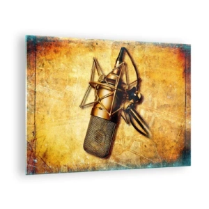 Quadro em vidro - Um microfone dourado em um fundo vintage - 70x50cm - Os Anos Dourados da Rádio - Decoração de parede moderna para a sala de estar e quarto ARTTOR
