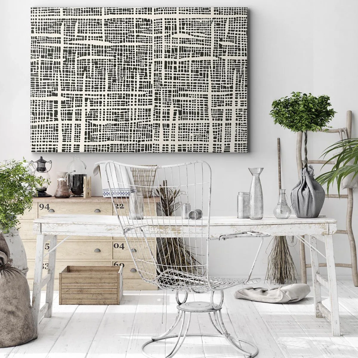 Quadro em tela - Um padrão geométrico semelhante a uma grade em um fundo claro - 70x50cm - Uma composição tecida - Decoração de parede moderna para a sala de estar e quarto ARTTOR