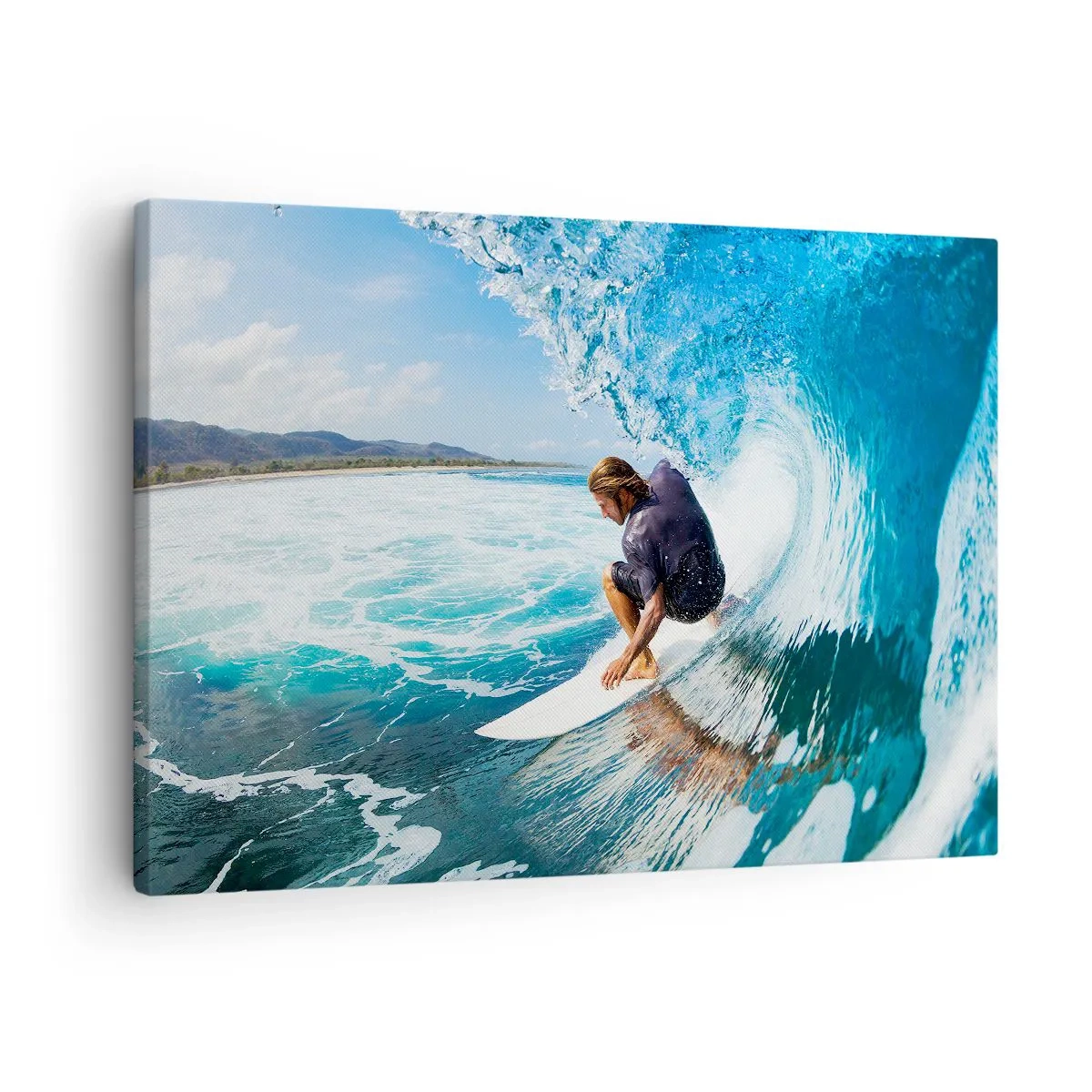 Quadro em tela - Um surfista em pose dinâmica em uma onda em água azul-turquesa. - 70x50cm - Dançando com as ondas - Decoração de parede moderna para a sala de estar e quarto ARTTOR