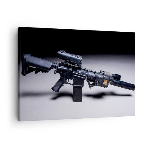 Quadro em tela - Um rifle moderno em preto sobre um fundo escuro - 70x50cm - O Cavaleiro das Trevas - Decoração de parede moderna para a sala de estar e quarto ARTTOR