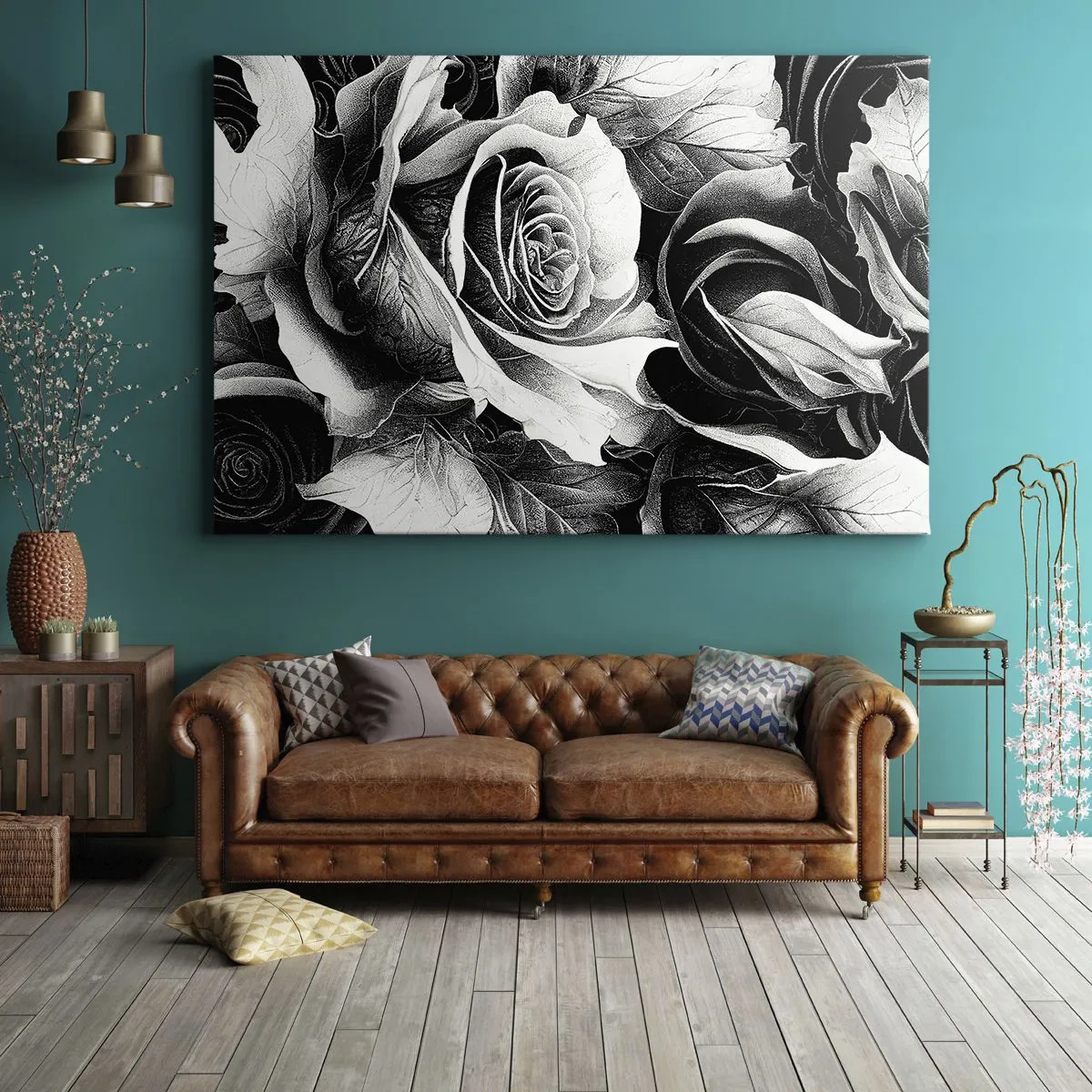 Quadro em tela - Rosas pretas e brancas em uma composição elegante - 70x50cm - Sempre uma rainha - Decoração de parede moderna para a sala de estar e quarto ARTTOR