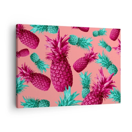 Quadro em tela - Abacaxis exóticos nas cores rosa e turquesa - 70x50cm - A liberdade é doce - Decoração de parede moderna para a sala de estar e quarto ARTTOR