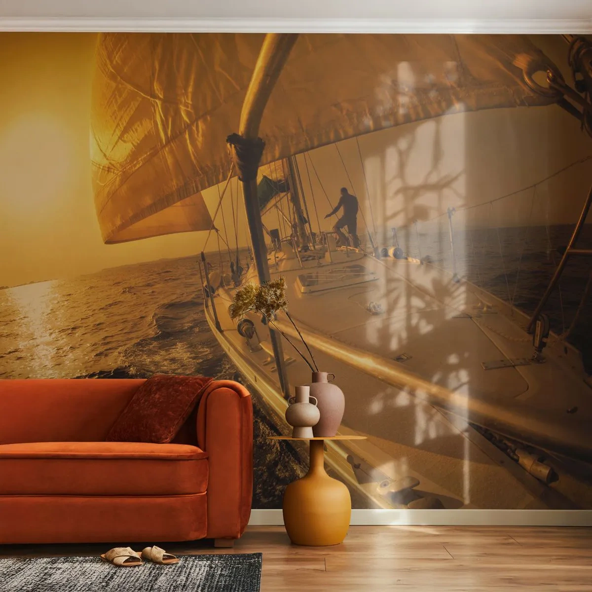 Papel de Parede Autocolante Deluxe Sticker - Noite dourada depois de um dia multicolorido - Estudos marítimos, Barco a vela, Viagens - 250x175 cm