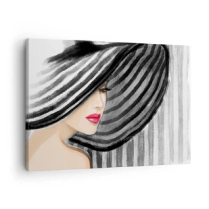 Quadro em tela - Mulher usando um chapéu preto e branco com detalhes em vermelho - 70x50cm - Onde encontrar-te? - Decoração de parede moderna para a sala de estar e quarto ARTTOR