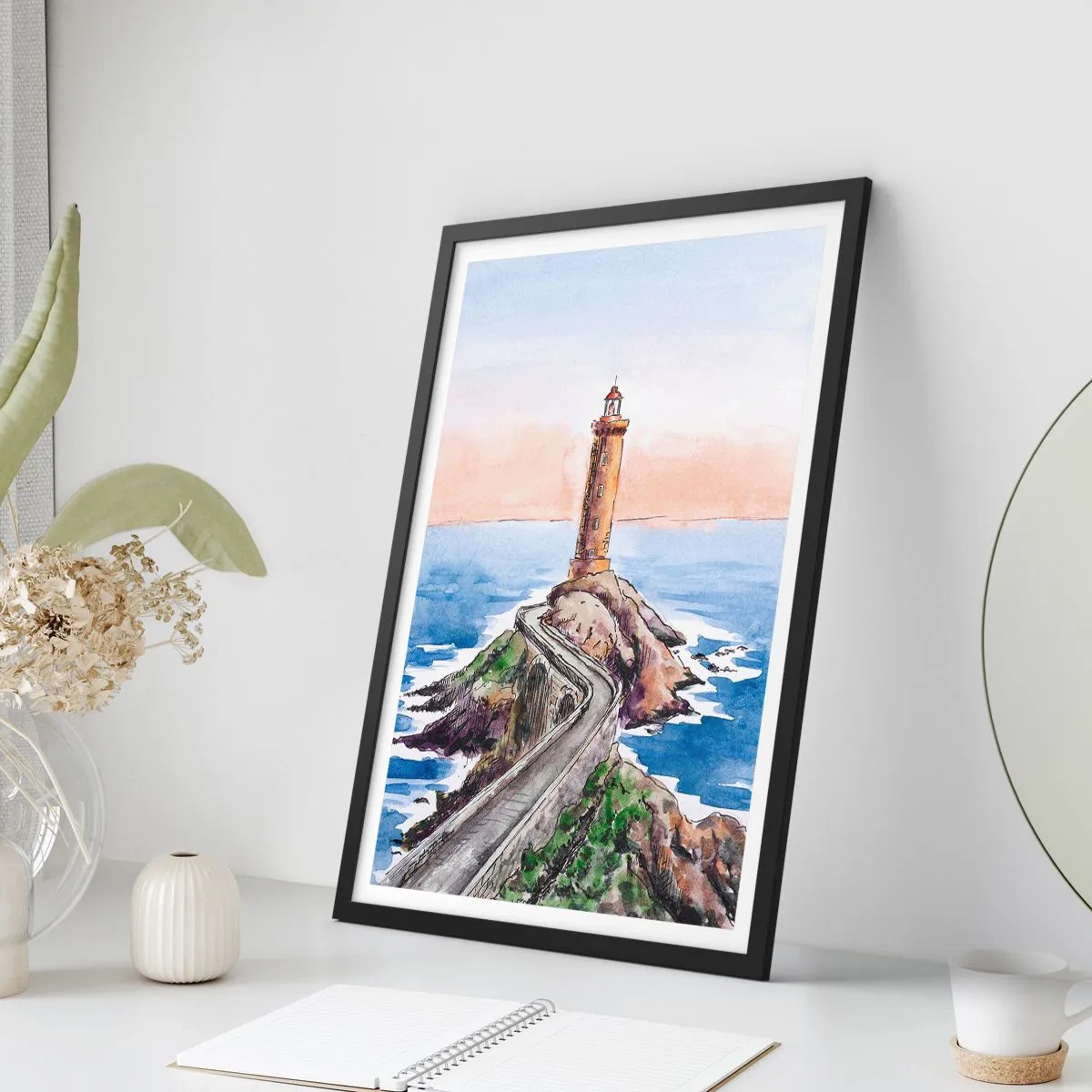 Pôster com moldura preta - Ilustração em aquarela de um farol em uma costa rochosa - 50x70cm - De frente para o mar - Decoração de parede moderna para a sala de estar e quarto ARTTOR