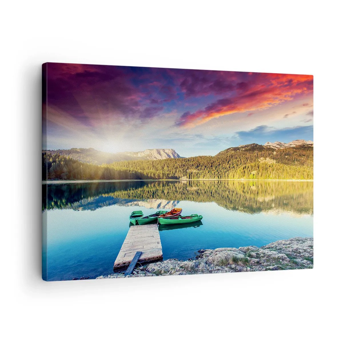 Quadro em tela - Pôr do sol sobre o lago com barcos no píer - 70x50cm - Sobre a água tão lisa como um espelho - Decoração de parede moderna para a sala de estar e quarto ARTTOR