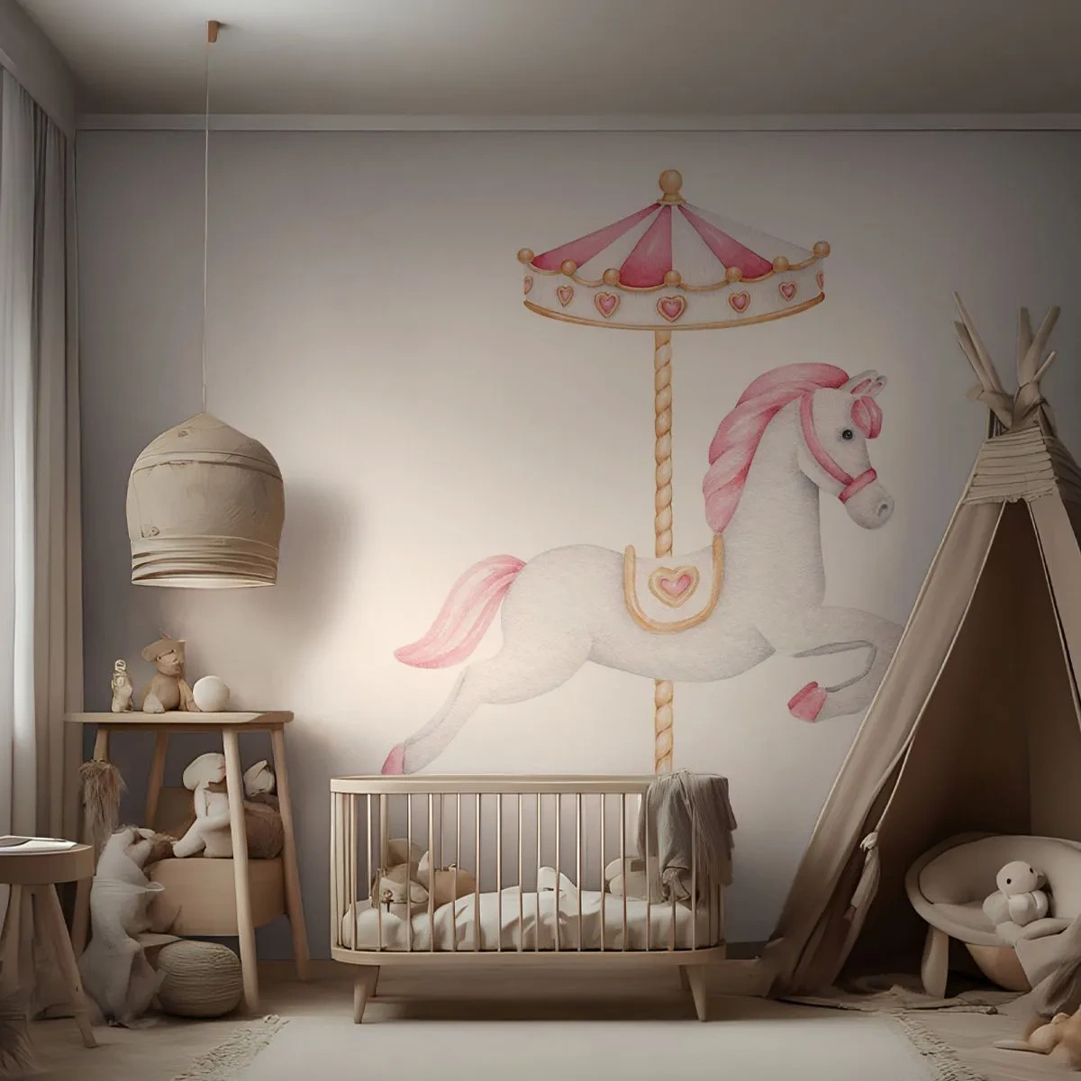 Papel de Parede Premium Sand - Caiu no chão - Cavalo, Carrossel, Feminino - 400x280 cm