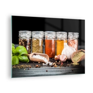 Quadro em vidro - Especiarias coloridas em potes sobre fundo escuro - 70x50cm - Para que a vida tenha um sabor - Decoração de parede moderna para a sala de estar e quarto ARTTOR