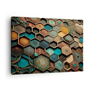 Quadro em tela - Enfeites coloridos em padrões hexagonais - 70x50cm - Ornamentos árabes – variação - Decoração de parede moderna para a sala de estar e quarto ARTTOR