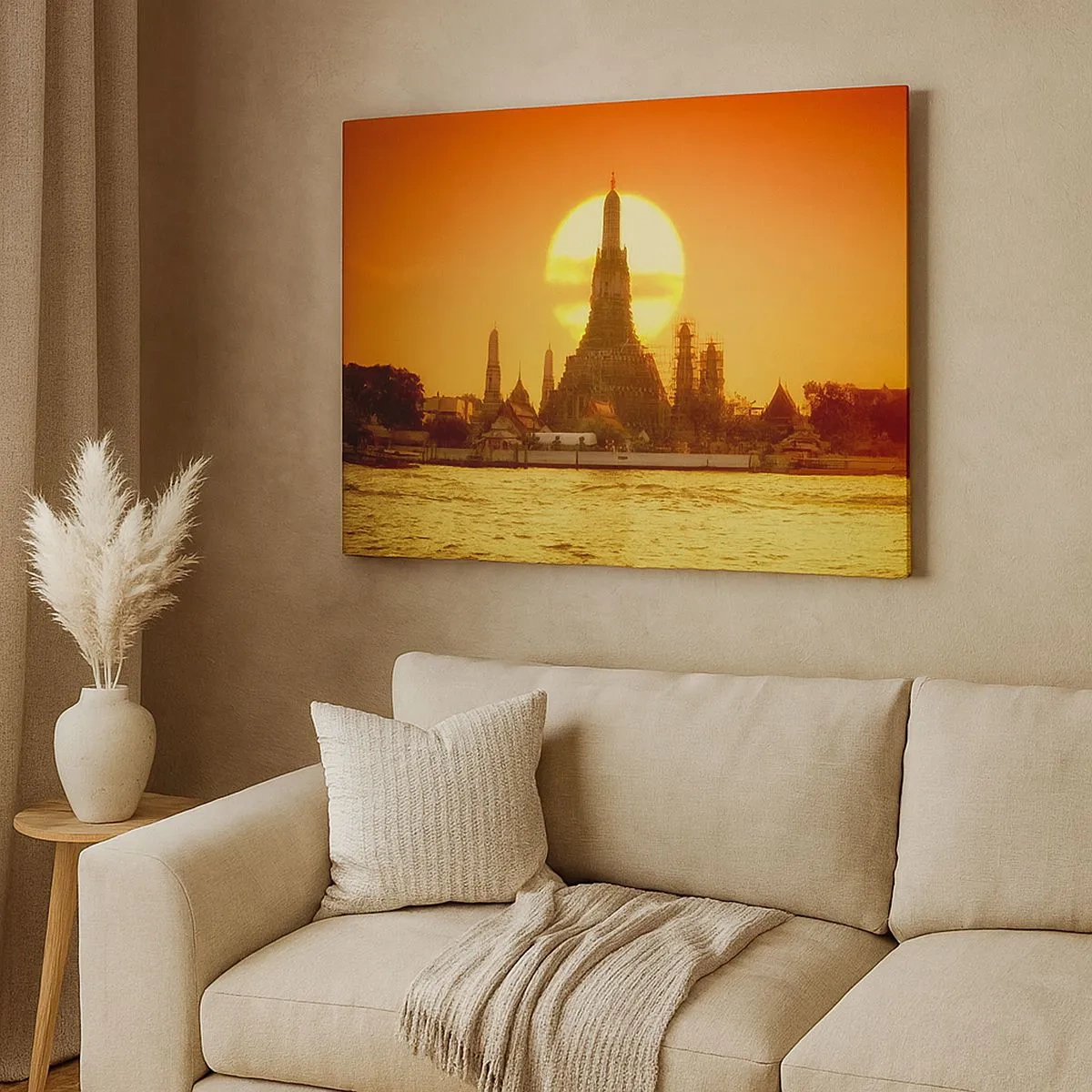Quadro em tela - Pôr do sol sobre o templo com reflexo na água - 70x50cm - Rumo ao sol, sempre em direção ao sol - Decoração de parede moderna para a sala de estar e quarto ARTTOR
