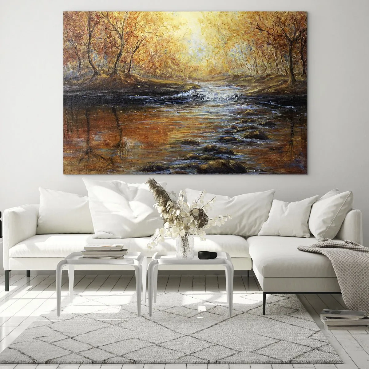 Quadro em vidro - Um riacho dourado na floresta cercado por árvores de outono - 70x50cm - Riacho Dourado - Decoração de parede moderna para a sala de estar e quarto ARTTOR