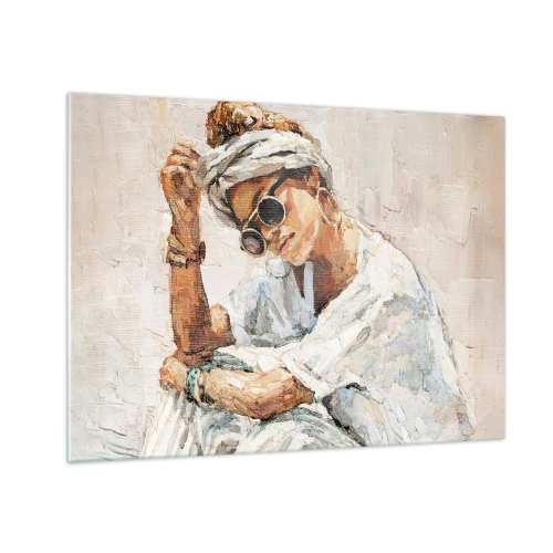 Quadro em vidro - Retrato de uma mulher com óculos e turbante pintado com espátula - 70x50cm - Retrato em pleno sol - Decoração de parede moderna para a sala de estar e quarto ARTTOR