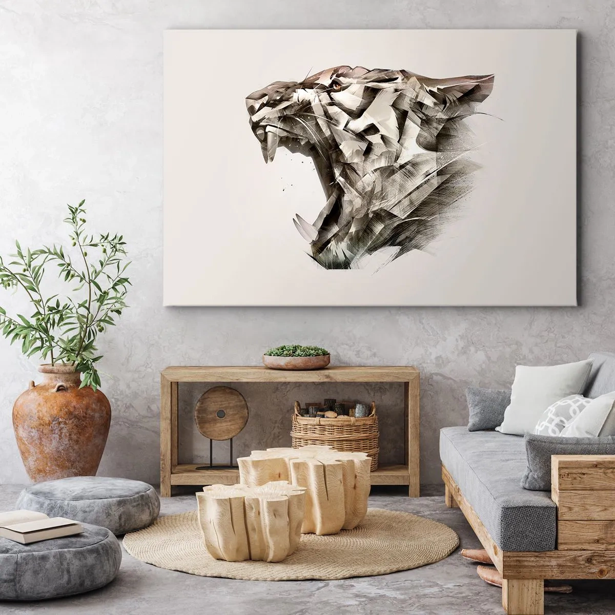 Quadro em tela - Imagem abstrata de um tigre em tons de bege - 70x50cm - Já sabe quem está no comando - Decoração de parede moderna para a sala de estar e quarto ARTTOR