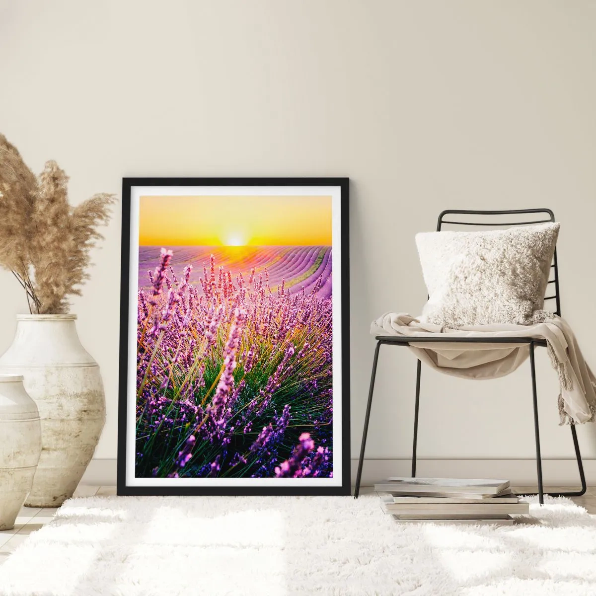 Pôster com moldura preta - Um campo de lavanda iluminado pelos raios do sol poente - 50x70cm - Prado perfumado - Decoração de parede moderna para a sala de estar e quarto ARTTOR