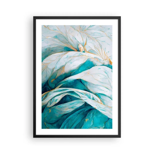Pôster com moldura preta - Folhas abstratas em tons de turquesa e branco com delicado dourado - 50x70cm - Abstração azul com lema dourado - Decoração de parede moderna para a sala de estar e quarto ARTTOR