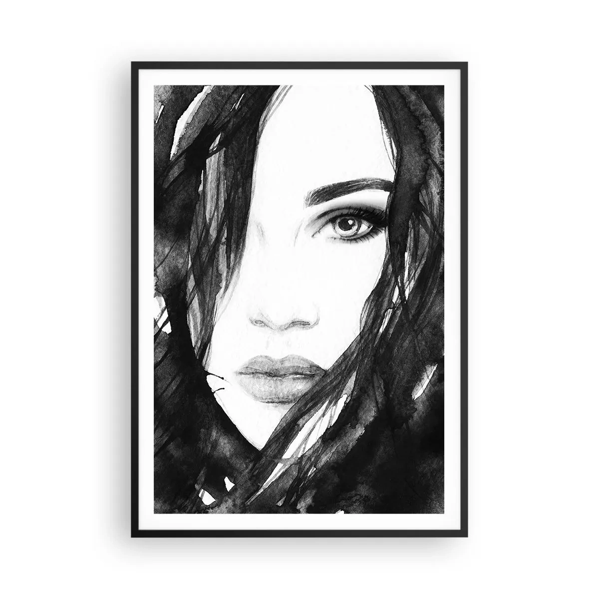 Pôster com moldura preta - Retrato de uma dama a preto e branco - 70x100 cm