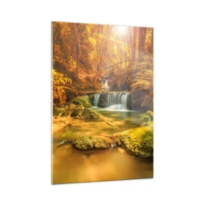 Quadro em vidro - Cascata na floresta em ouro - 50x70 cm