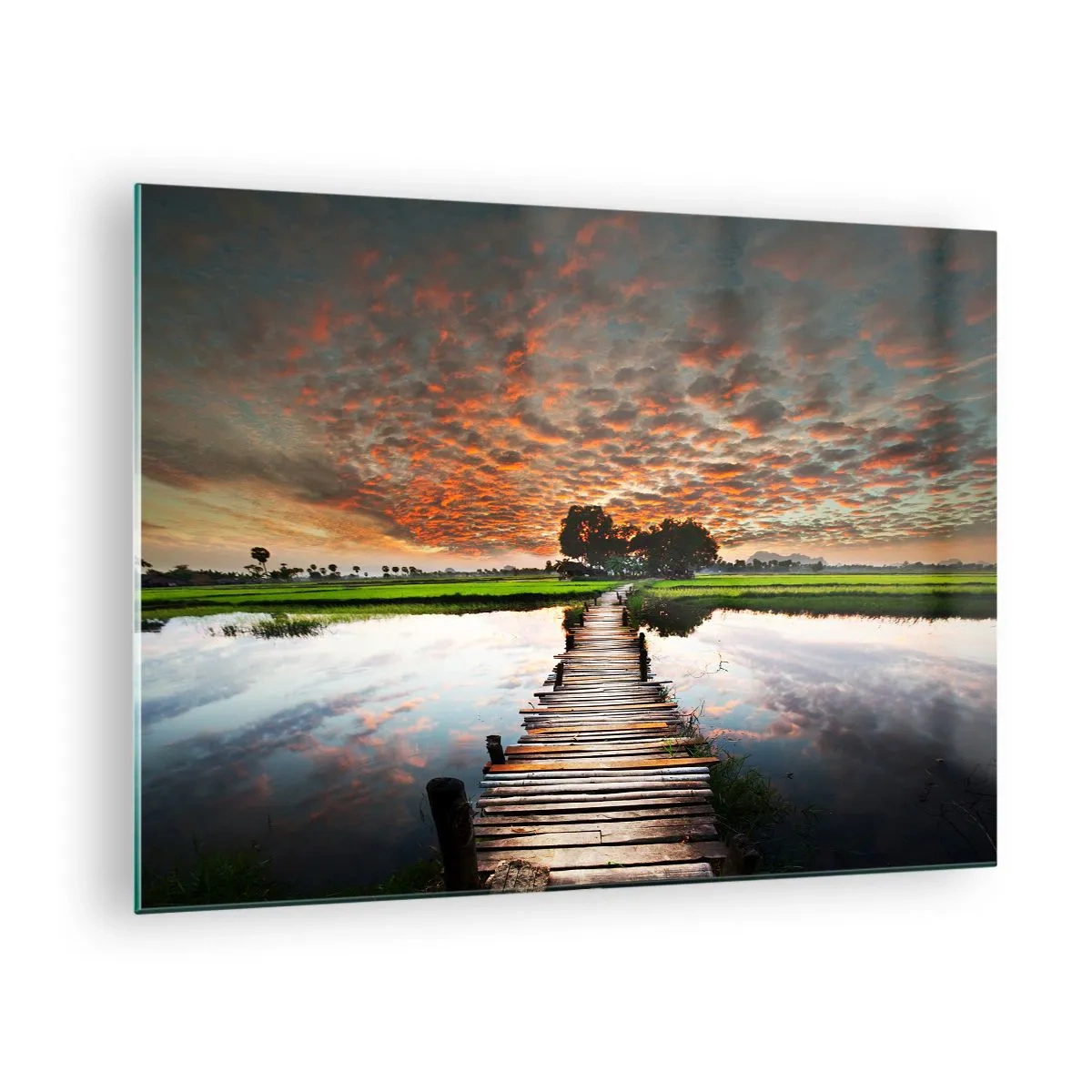 Quadro em vidro - Ponte de madeira sobre o rio ao pôr do sol - 70x50cm - Abra os braços - respire - Decoração de parede moderna para a sala de estar e quarto ARTTOR