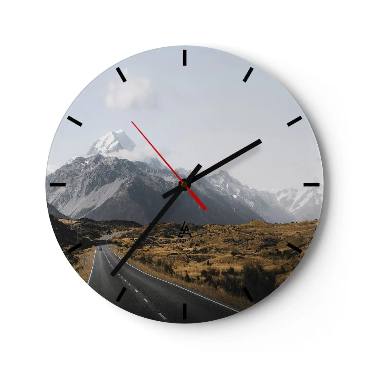 Relógio de parede - Relógio em vidro - Uma estrada que leva em direção a montanhas cobertas de neve sob um céu claro - 30x30cm - O caminho para o coração das montanhas - Decoração de parede moderna para a sala de estar, cozinha e quarto ARTTOR