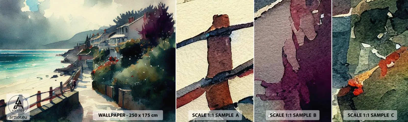 Amostra de Papel de Parede Standard Eco - Cidade mediterrânea - Casas, Paisagem, Praia - 100x30 cm