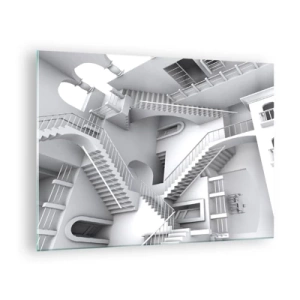 Quadro em vidro - Um labirinto de escadas em um espaço surreal - 70x50cm - Paradoxos do espaço - Decoração de parede moderna para a sala de estar e quarto ARTTOR