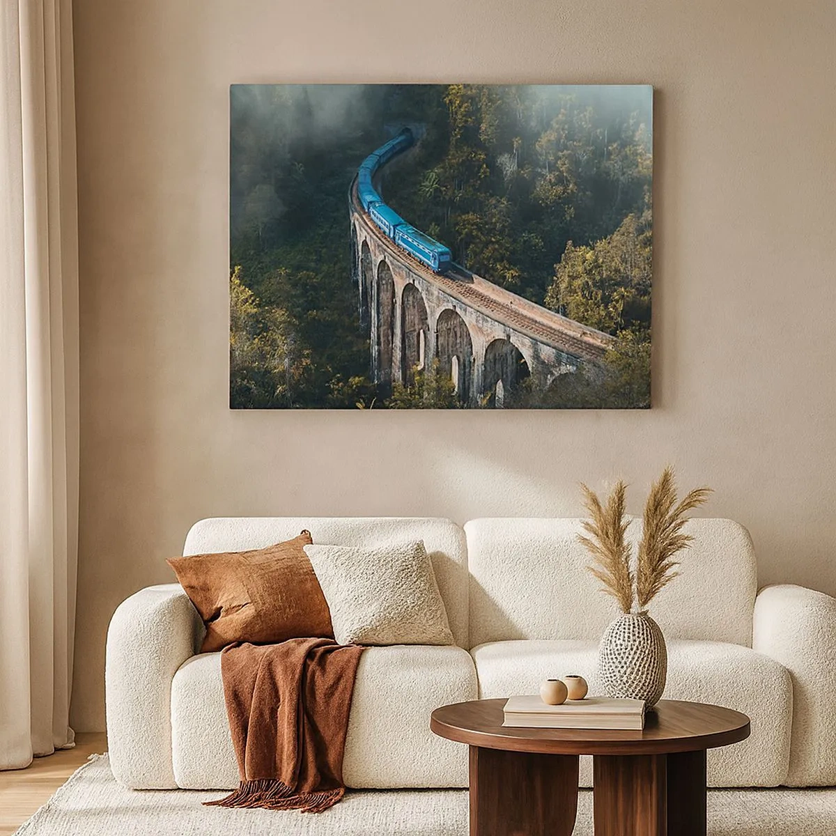 Quadro em tela - Um trem azul em um viaduto histórico entre as florestas - 70x50cm - Comboio para a natureza - Decoração de parede moderna para a sala de estar e quarto ARTTOR