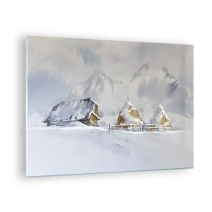 Quadro em vidro - Paisagem de inverno com uma casa de campo e palheiros nas montanhas - 70x50cm - No vale nevado - Decoração de parede moderna para a sala de estar e quarto ARTTOR
