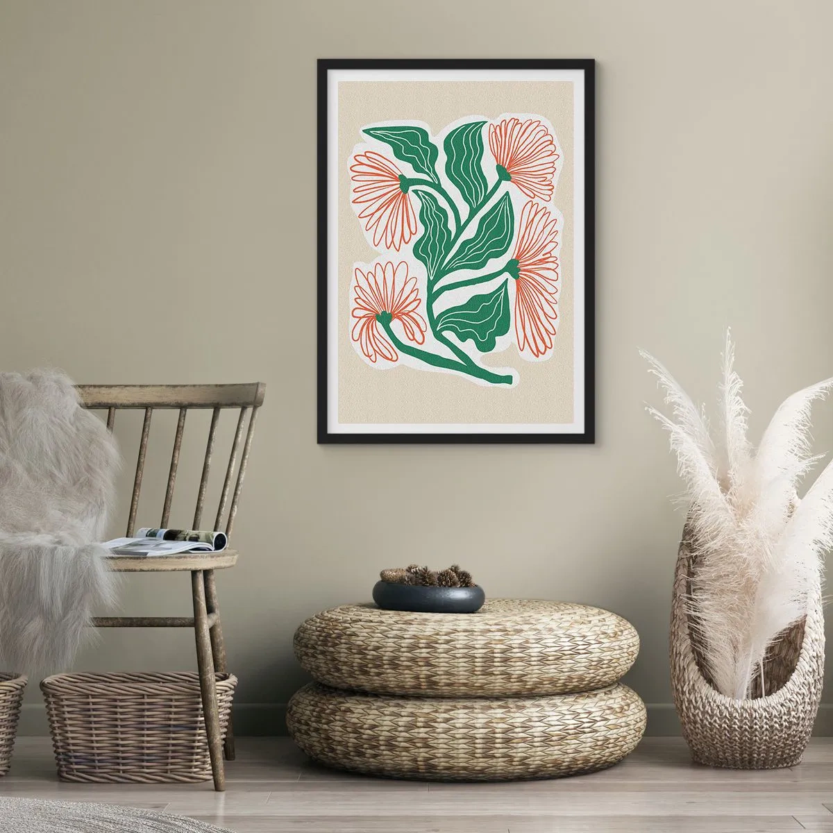 Pôster com moldura preta - Motivo abstrato de flores e folhas em fundo bege - 50x70cm - Folclórico e moderno - Decoração de parede moderna para a sala de estar e quarto ARTTOR