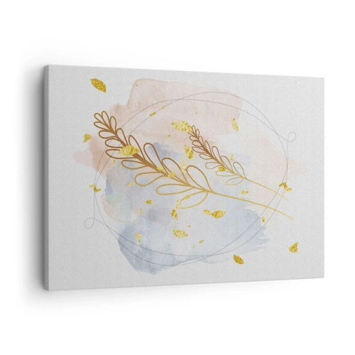 Quadro em tela - Um delicado motivo de folha dourada em um fundo pastel com detalhes em aquarela. - 70x50cm - Explosão dourada - Decoração de parede moderna para a sala de estar e quarto ARTTOR