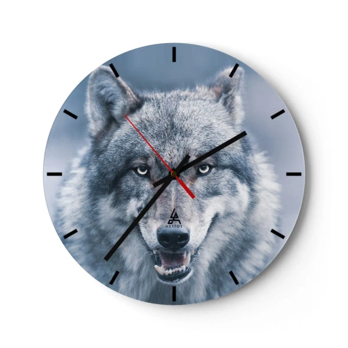 Relógio de parede - Relógio em vidro - Um lobo com presas à mostra em um fundo azul frio - 30x30cm - Vai aceitar o desafio? - Decoração de parede moderna para a sala de estar, cozinha e quarto ARTTOR