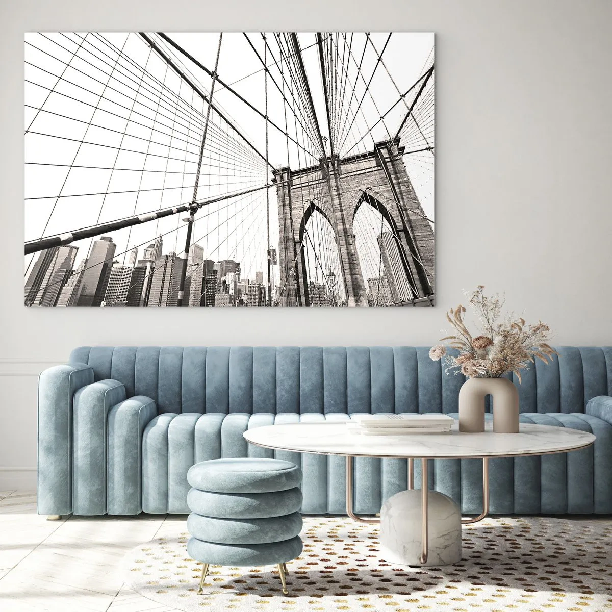 Quadro em vidro - Uma ponte suspensa com um panorama da cidade ao fundo em sépia - 70x50cm - Catedral de Nova York - Decoração de parede moderna para a sala de estar e quarto ARTTOR