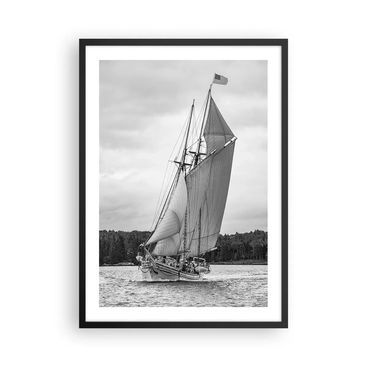 Pôster com moldura preta - Um veleiro com grandes velas navegando no mar em preto e branco - 50x70cm - Irmãos do vento - Decoração de parede moderna para a sala de estar e quarto ARTTOR
