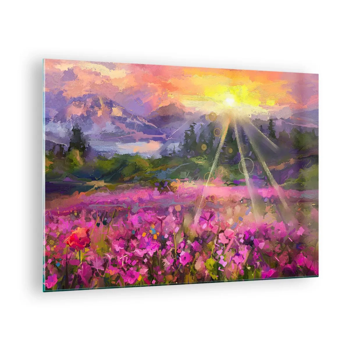 Quadro em vidro - Um vale pitoresco cheio de flores iluminado pelos raios do sol - 70x50cm - No vale sob os cuidados do sol - Decoração de parede moderna para a sala de estar e quarto ARTTOR