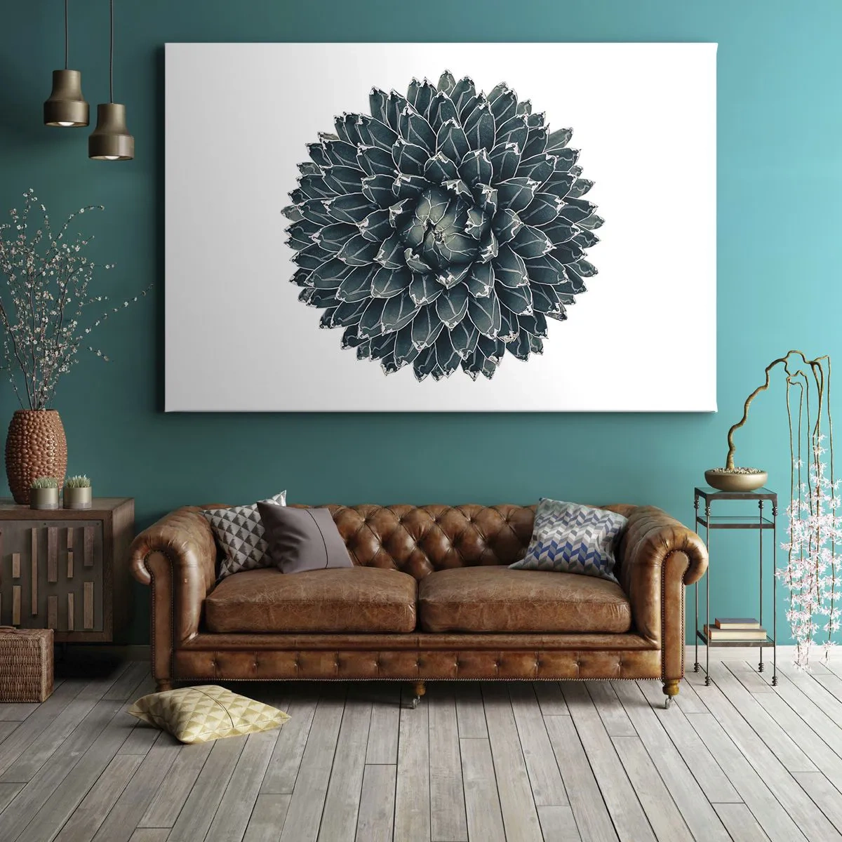 Quadro em tela - Planta suculenta simétrica em fundo branco - 70x50cm - Estrela do Deserto - Decoração de parede moderna para a sala de estar e quarto ARTTOR