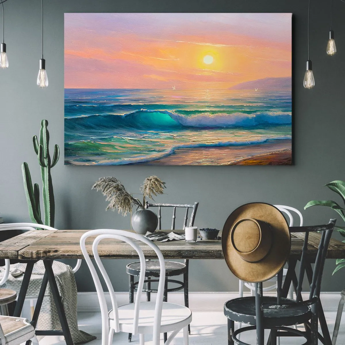 Quadro em tela - Paisagem marinha com pôr do sol - 70x50cm - O canto turquesa das ondas - Decoração de parede moderna para a sala de estar e quarto ARTTOR
