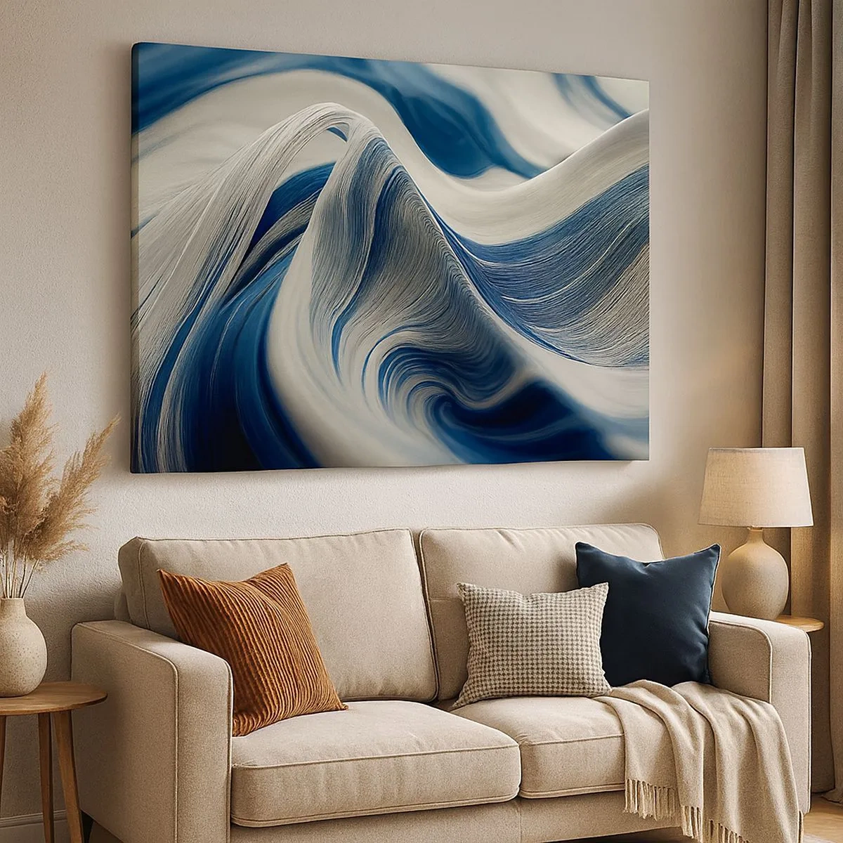 Quadro em tela - Ondas abstratas em tons de azul e branco - 70x50cm - A fluidez do azul e do branco - Decoração de parede moderna para a sala de estar e quarto ARTTOR
