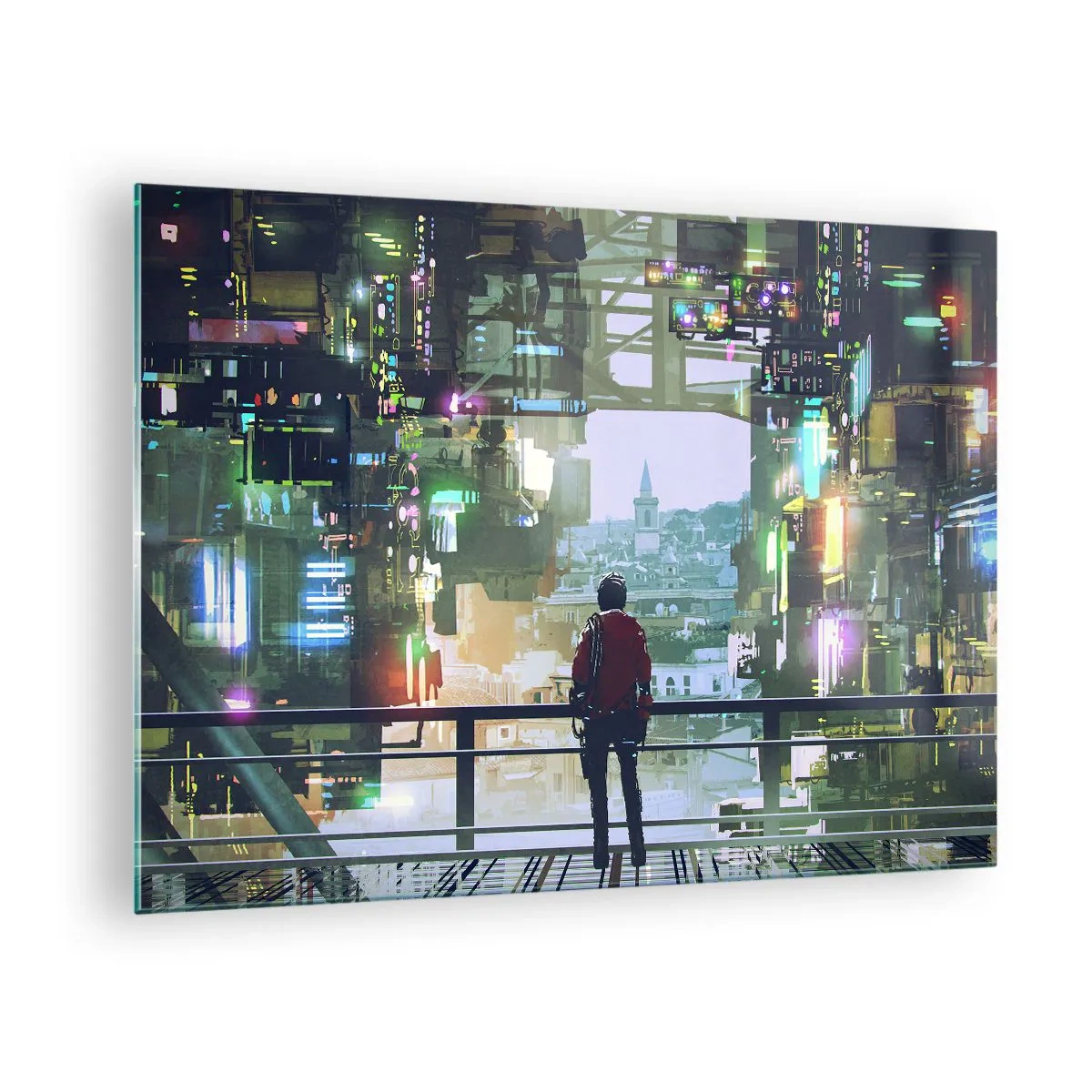 Quadro em vidro - Uma figura contra o fundo de uma cidade futurista com vista para a cidade velha - 70x50cm - Dois mundos - Decoração de parede moderna para a sala de estar e quarto ARTTOR