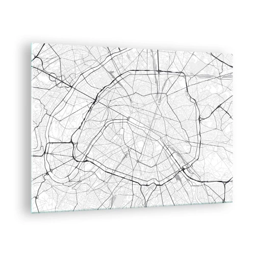 Quadro em vidro - Mapa da cidade em preto e branco com grade de ruas e artérias circulares - 70x50cm - Flor de Paris - Decoração de parede moderna para a sala de estar e quarto ARTTOR