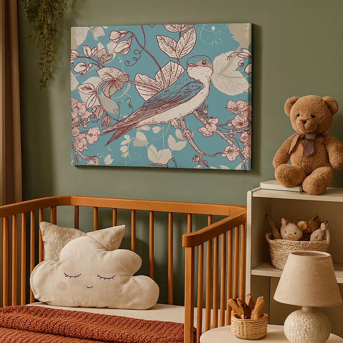 Quadro em tela - Um pássaro em um galho em um delicado estilo floral - 70x50cm - Cantos no choupo-branco - Decoração de parede moderna para a sala de estar e quarto ARTTOR