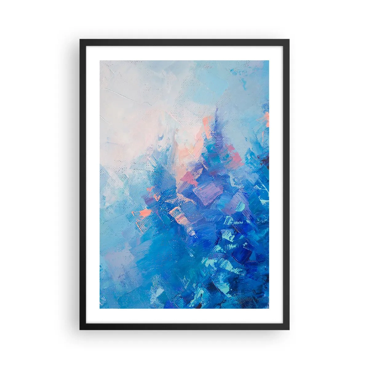 Pôster com moldura preta - Uma composição abstrata em tons de azul e rosa inspirada em uma paisagem de inverno. - 50x70cm - Abstração de inverno - Decoração de parede moderna para a sala de estar e quarto ARTTOR