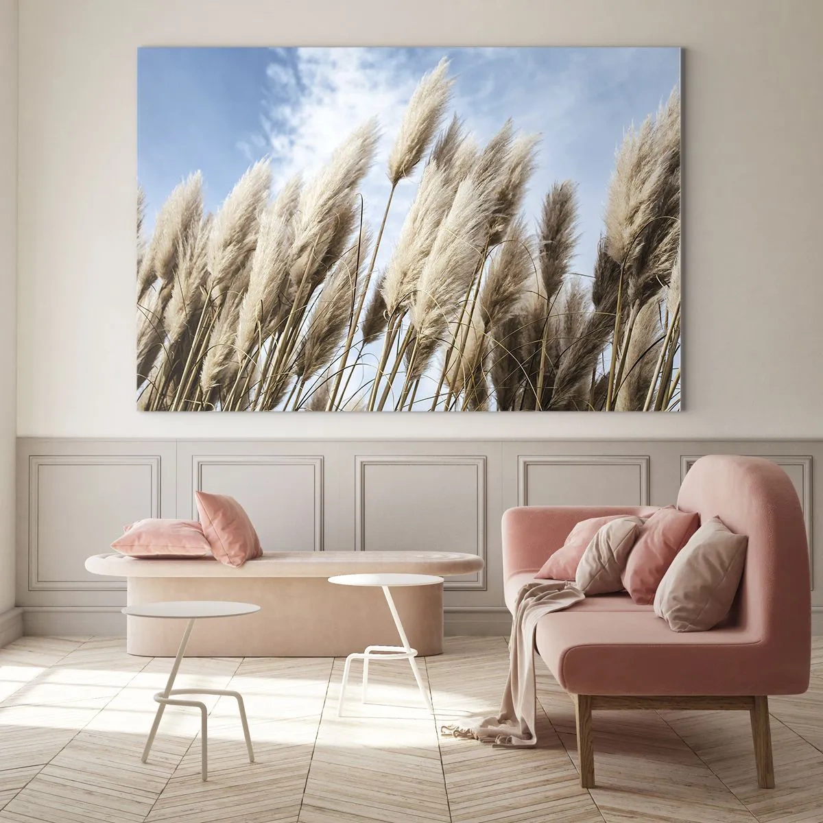 Quadro em vidro - Gramíneas decorativas de pampas contra um céu azul - 70x50cm - Carícia ensolarada e ventosa - Decoração de parede moderna para a sala de estar e quarto ARTTOR