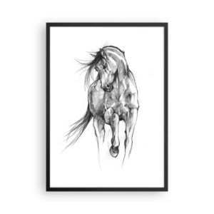 Pôster com moldura preta - Esboço de um cavalo em pose dinâmica - 50x70cm - Num trote gracioso - Decoração de parede moderna para a sala de estar e quarto ARTTOR