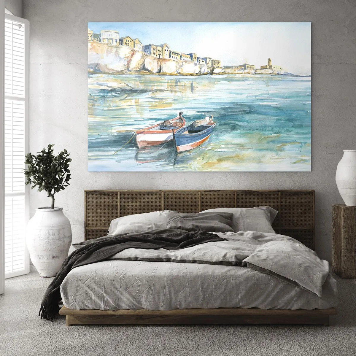 Quadro em vidro - Uma baía azul-marinho com barcos e edifícios no penhasco - 70x50cm - Paisagem em azul - Decoração de parede moderna para a sala de estar e quarto ARTTOR