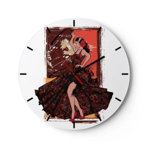 Relógio de parede - Relógio em vidro - Uma dançarina de vestido vermelho com formação artística - 30x30cm - No ritmo do coração - Decoração de parede moderna para a sala de estar, cozinha e quarto ARTTOR