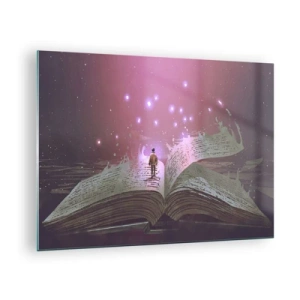 Quadro em vidro - Um livro aberto do qual flutuam luz mágica e estrelas - 70x50cm - Um convite para outro mundo - leia! - Decoração de parede moderna para a sala de estar e quarto ARTTOR