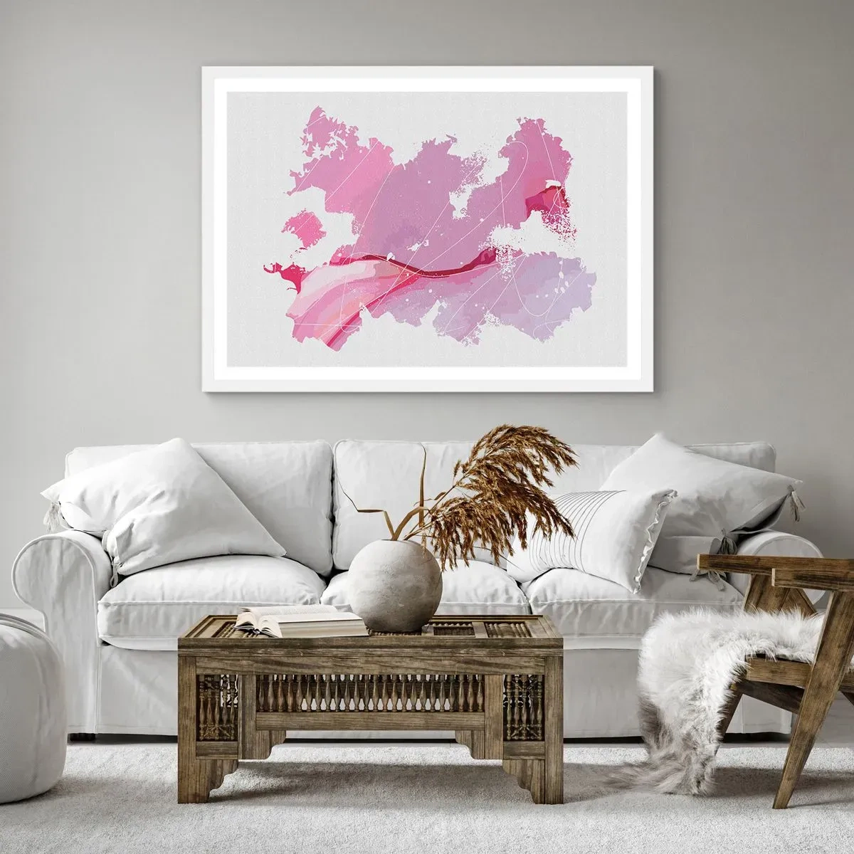 Pôster em moldura branca - Mapa do mundo rosa - 70x50 cm